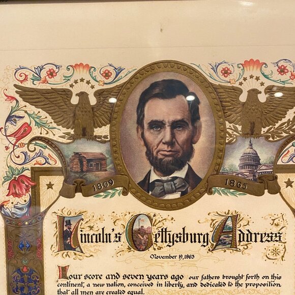 Antique Embossed Lithograph Lincoln Gettysburg Address 17x13 Framed - Picture 3 of 3